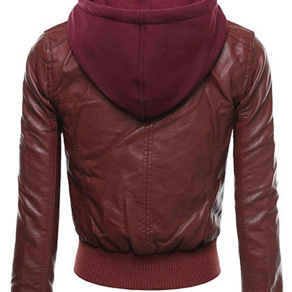 Wine/Red Womens Faux Leather Zip-Up Jacket - Picture 2 of 8